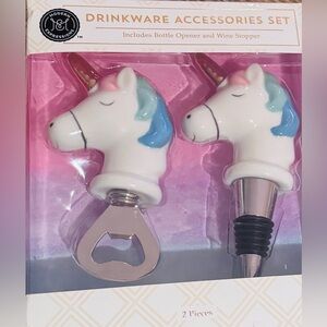 NWOT Drink ware Accessories set- unicorn wine stopper $ beer bottle opener